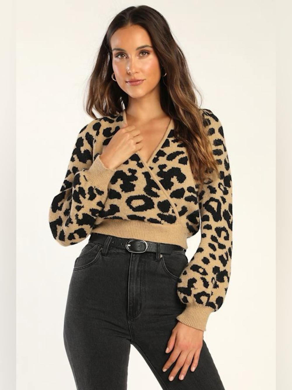 LULU’S WILD BABE TAN LEOPARD PRINT SURPLICE SWEATER